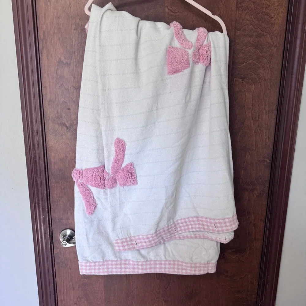 Rachel Zoe White Shower Curtain with raised Pink Bow Accents